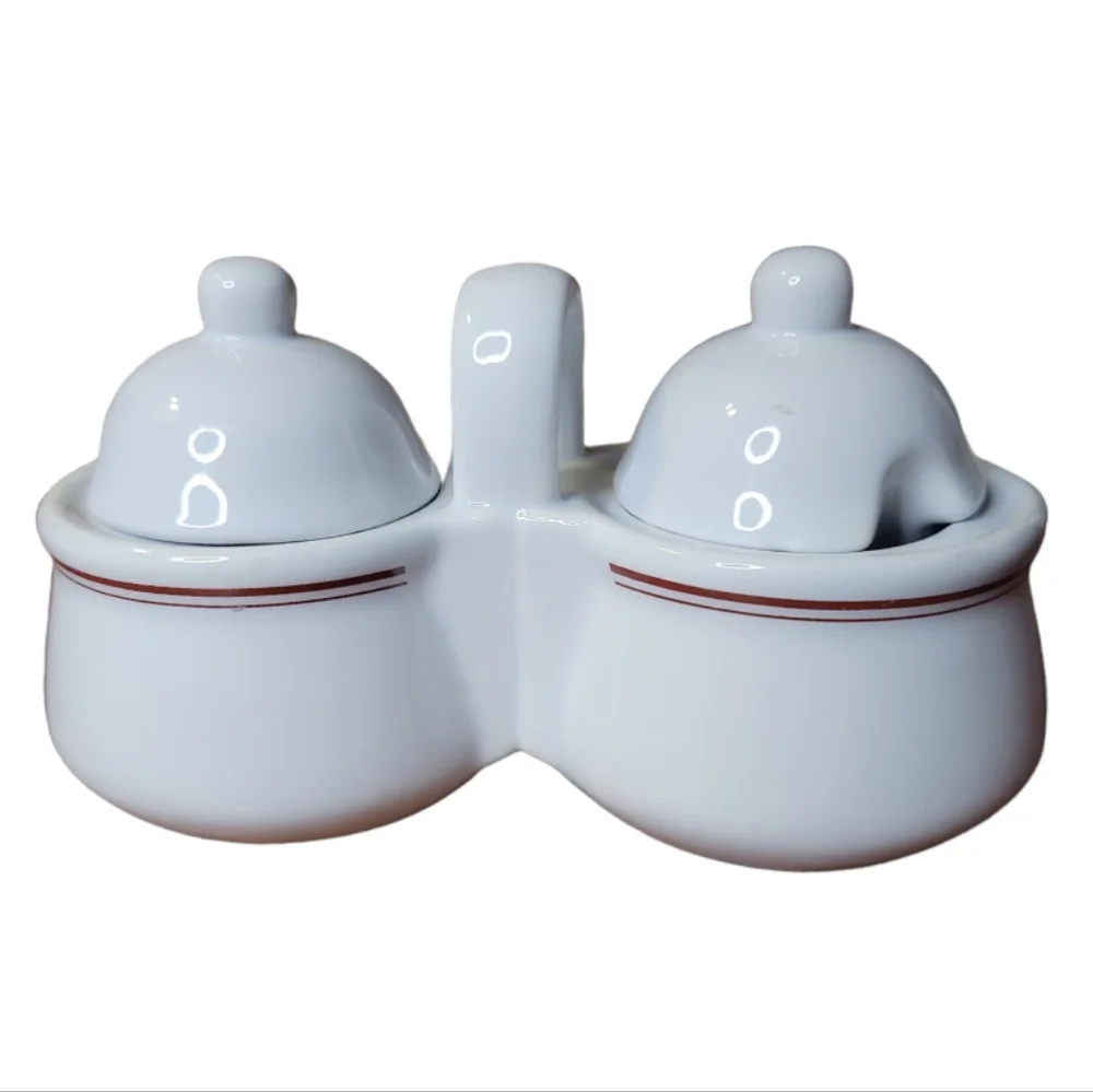 Vtg 80's Porcelain Jam Jelly Server Lids 2 Compartments Handle Houston Harvest